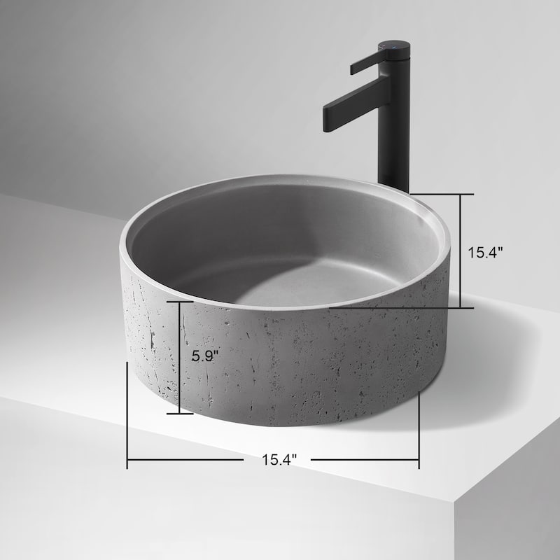 Vinnova Almonte Grey Concrete Circular Vessel Bathroom Sink - 15.4"L×15.4"W×5.9"H
