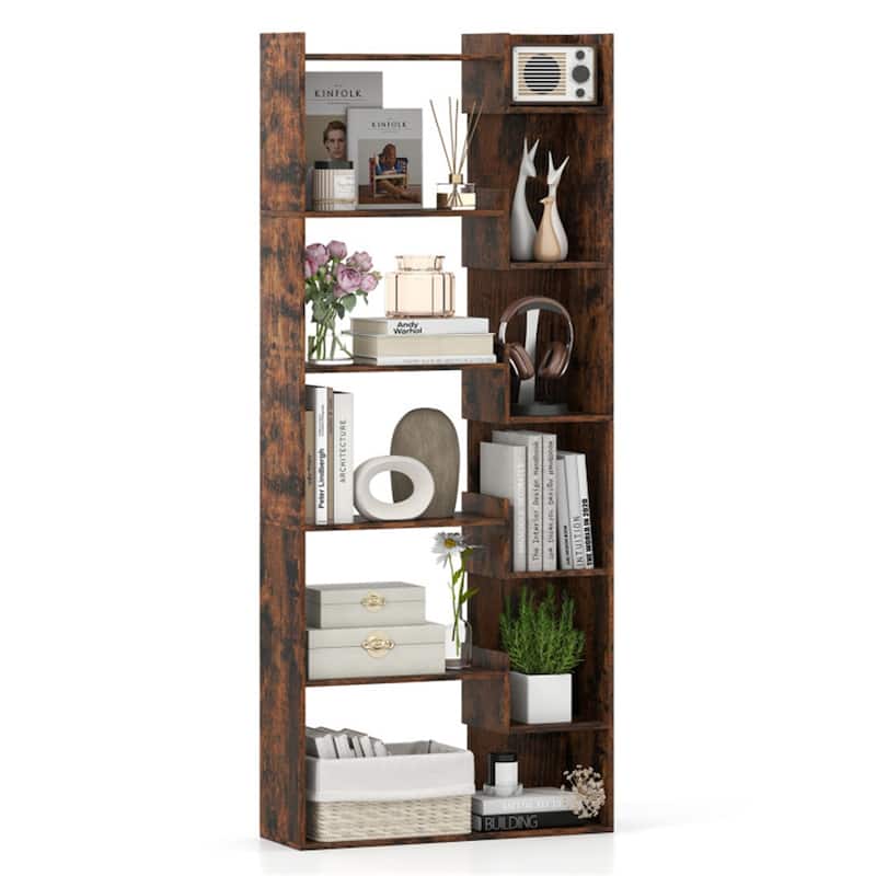 64" Tall Engineered Wood Storage Organizer Bookcase for Living Room or Bedroom - 27"L x 9"W x 64"H - Rustic Brown