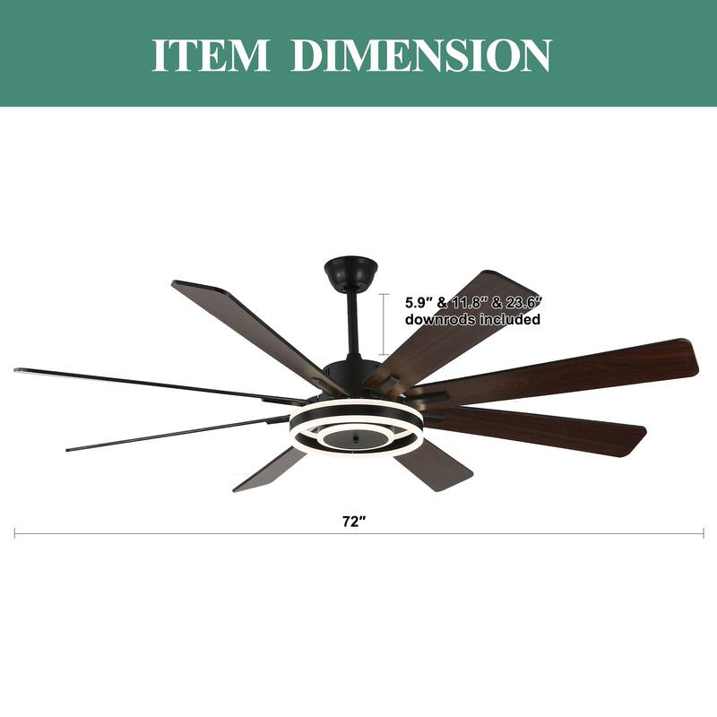 Cusp Barn 72" Modern LED Ceiling Fan with Lights and Remote, Reversible 6 Speeds Chandelier Ceiling Fan for Large Room
