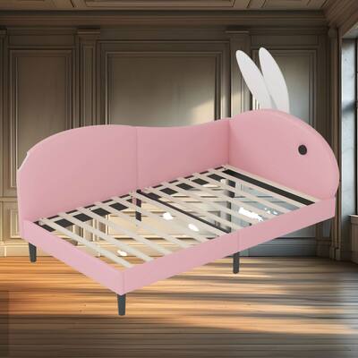 Twin Size Upholstered Rabbit-Shape Daybed with Playful Rabbit Ear Headboard, Soft Pink Sofa Bed for Kids and Teens