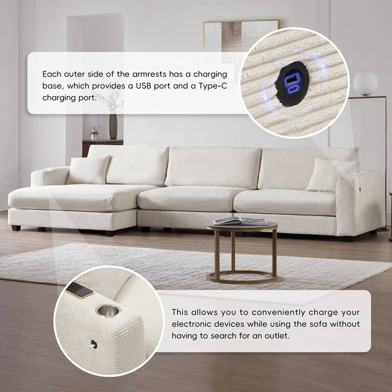 Oversized Corduroy Sectional Sofa with Chaise and USB Port