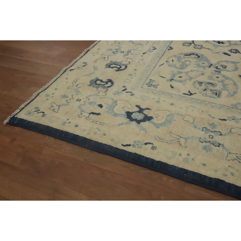 Hand Knotted Oriental 100% Wool Carpet Transitional Floral Navy Blue & Blues Oushak Area Rug - 12' 3'' X 9' 0''