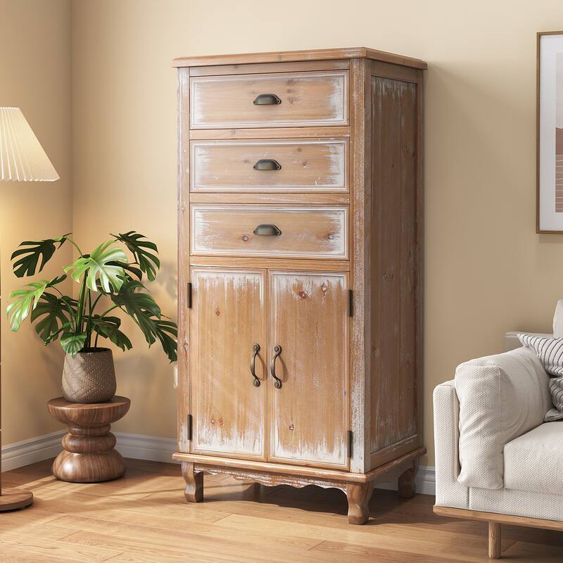 Rustic Wooden Storage Cabinet with Decorative Cutout Door & 3 Drawers, Tall Narrow Organizer for Living Room, Bedroom