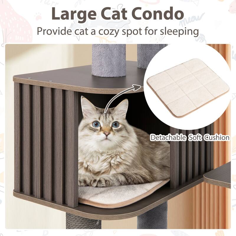 Gymax 59.5'' Tall Cat Tower w/Cushion Top Perch Detachable Mats