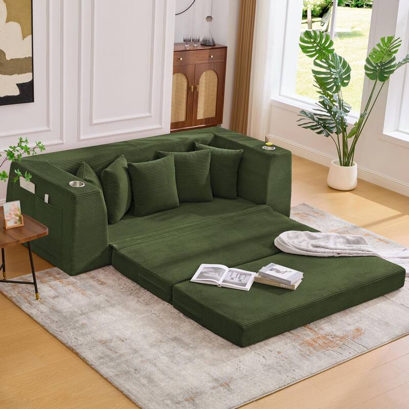 2 in 1 Convertible Sofa Bed, Sleeper Sofa with Storage Pockets, Pull Out Loveseat Couch with Two Cup Holders