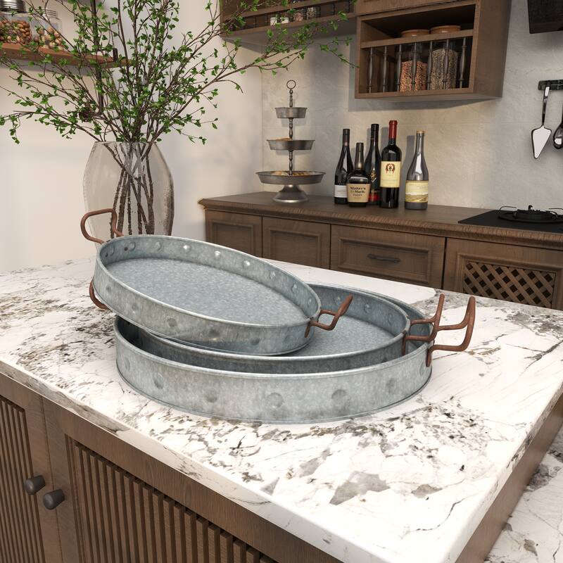 Gray Metal Galvanized Oval Living Room Decor Tray with Rust Handles (Set of 3)