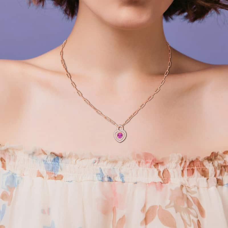 Miadora 1 3/4ct TGW Created Pink Sapphire & Created White Sapphire Heart Lock Necklace in Rose Silver