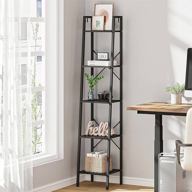Freestanding Corner Storage Shelve with 2 Hooks for Home Office - 11.8"D x 13.4"W x 63"H - Black
