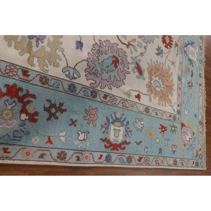 Floral Ivory & Blue Oushak Oriental Area Rug Handmade Wool Carpet - 9'0"x 11'7"