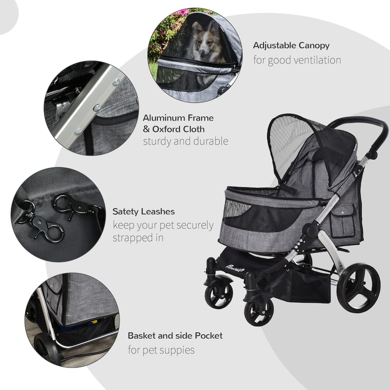 PawHut Travel Pet Stroller with Adjustable Handlebar, PVC Wheel Brake ...
