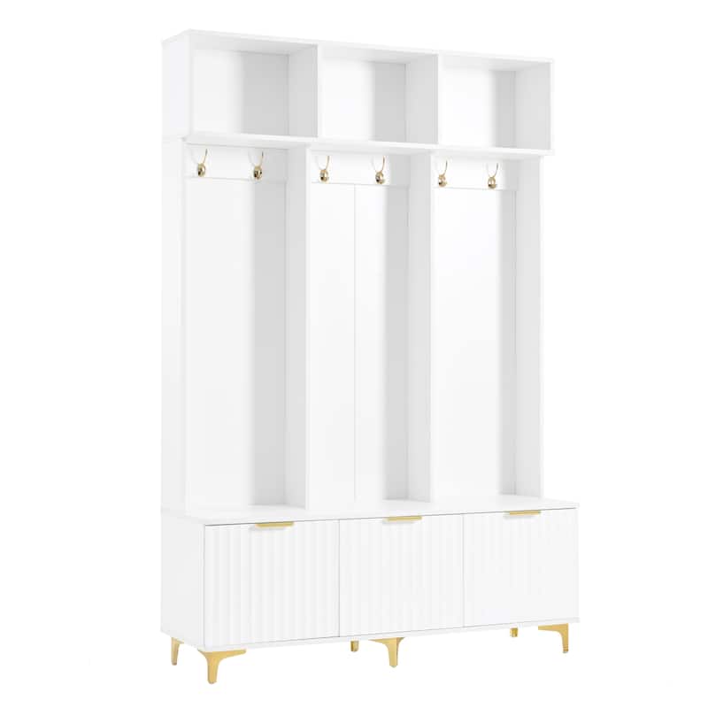 3-in-1 Hall Tree with Storage Bench & Shoe Storage, Glossy Fluted Cabinet Coat Rack with Gold Handles and Legs