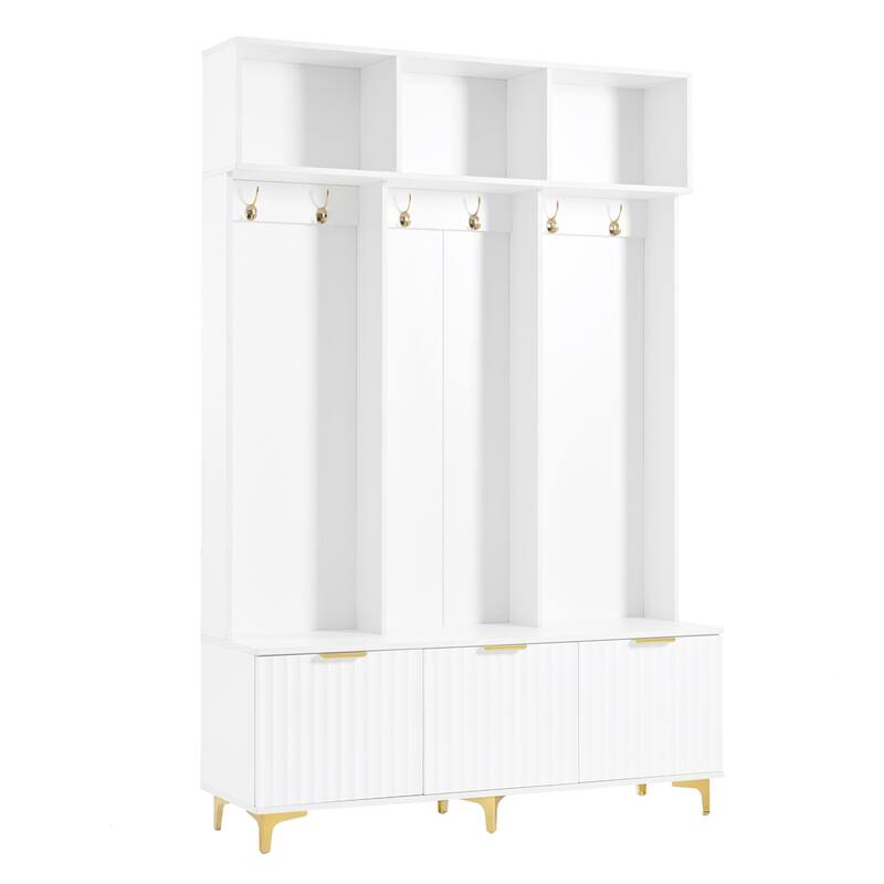 Large Storage Hall Tree with 6 Gold Hooks, Wood Storage Bench with Fluted Doors & Coat Rack for Entryway, Living Room