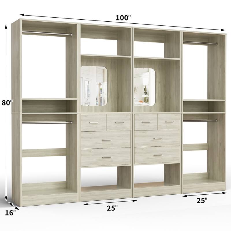 Set of 4 Closet System with 4 Drawer and Hanging Rods, Freestanding Closet Organizer with Storage Shelves