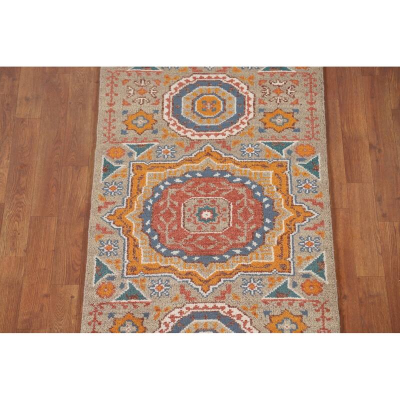 Geometric Kazak Runner Rug Handmade Wool Carpet - 2'6" x 8'2"
