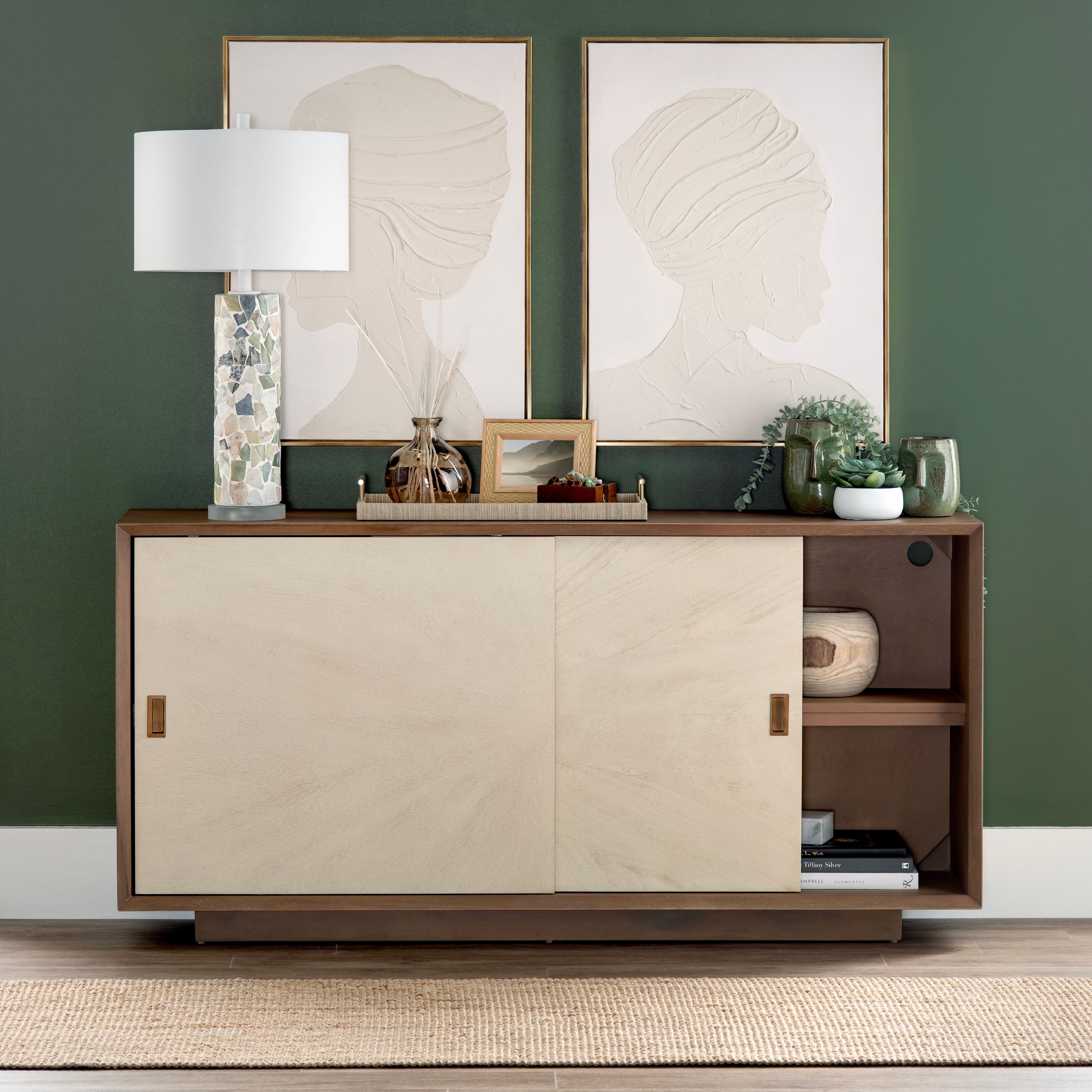 Two Sliding Door Wooden Sideboard - Natural / White