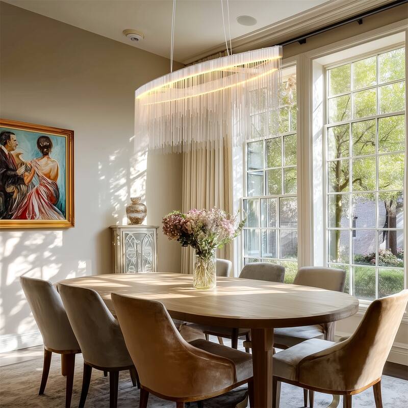 Rectangular Aluminum Tassels Linear Ceiling Chandelier LED Pendant Hanging Light Fixture Silver