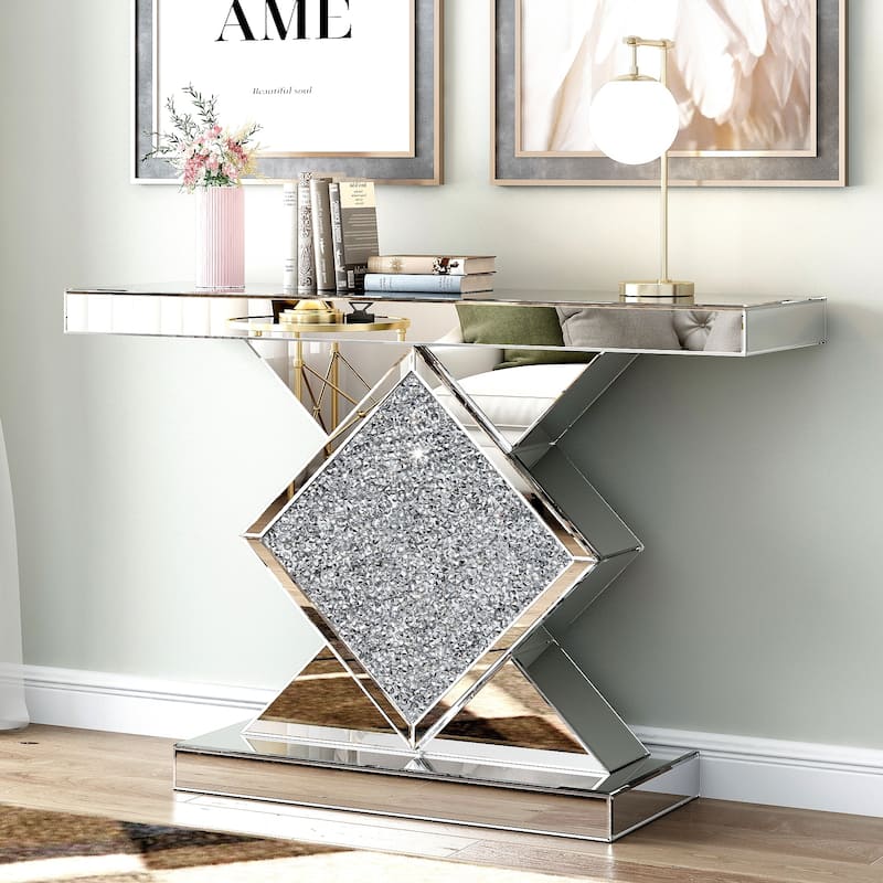 Modern Console Table with Crushed Diamond Inlay - Silver