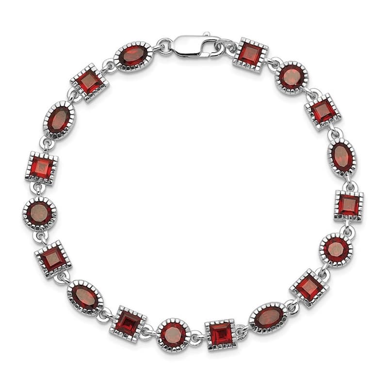 Curata 925 Sterling Silver Textured Polished Garnet Bracelet 7 Inch Lobster Claw