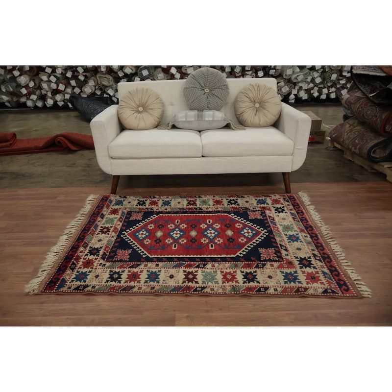 Hand Knotted Oriental 100% Wool Carpet Transitional Geometric Red Anatolian Area Rug - 5' 4'' X 3' 10''