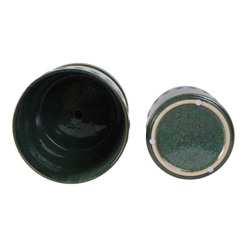 Ceramic Planter with Saucer, Bubble Trim Design - Set of 2, 8",6", Green
