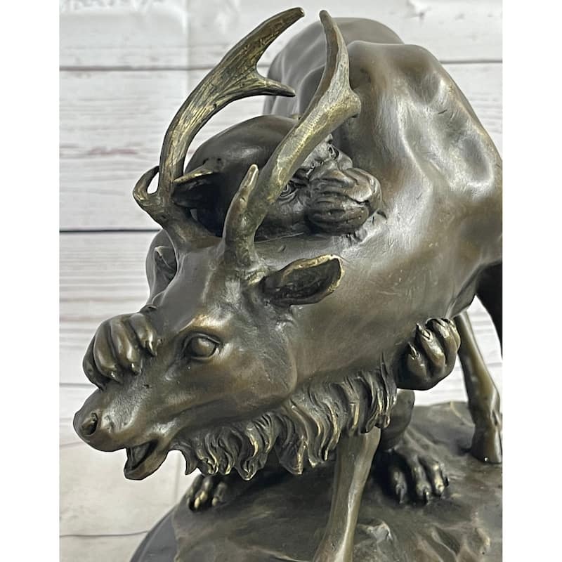 Mountain Lion Hunting Elk Deer By Pj Mene Bronze Statue Sculpture Wildlife Decor 11 Inchesx 13 Inches