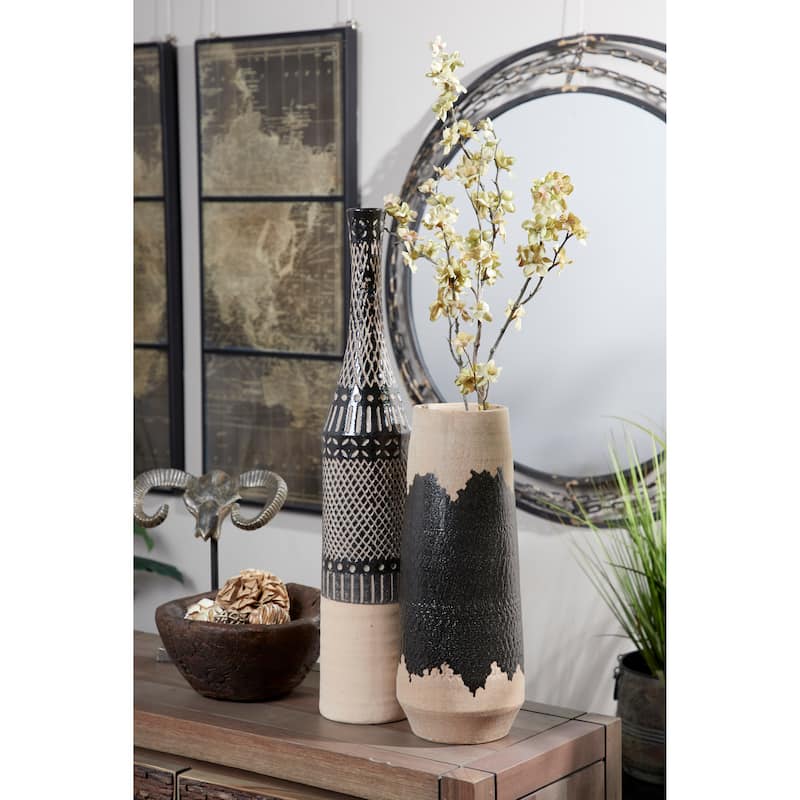 Black Porcelain Vase with Terracotta Details - Black - 6 x 6 x 17
