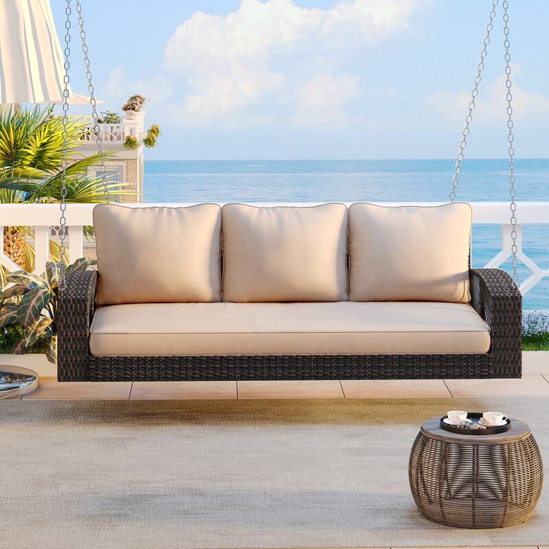 69" PE Wicker 3-Person Porch Swing - Large Outdoor Swing Bench with Cushions & Chains for Garden, Poolside & Patio - Brown