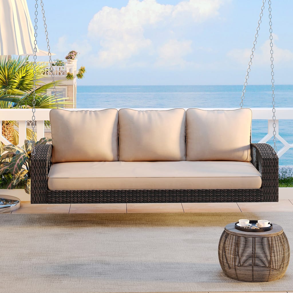 69" PE Wicker 3-Person Porch Swing with Chains and Cushions