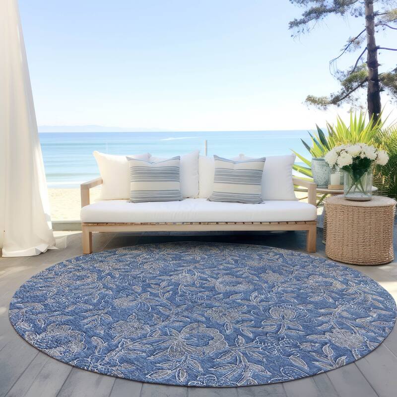 Machine Washable Indoor/ Outdoor Chantille Floral Rug - Denim - 8' x 8'