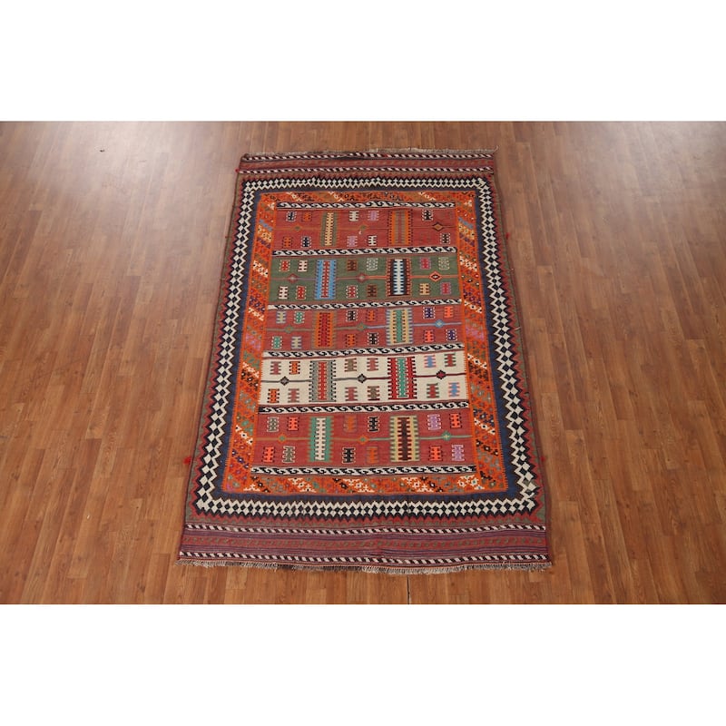 Masterpiece Hand-Woven Vegetable Dye Kilim Qashqai Persian Antique Rug - 5'4"x 8'6"