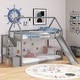 preview thumbnail 2 of 25, Wooden Modern Twin over Twin House Bunk Bed with Slide and Storage Staircase, Featuring a pitched roof and wall section.
