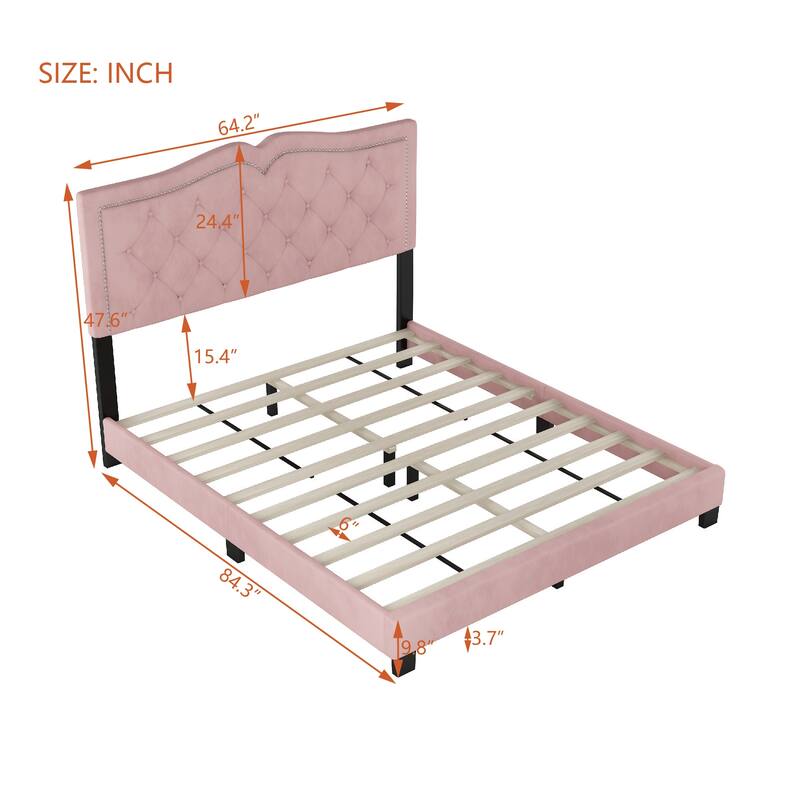 Queen/Full Size Upholstered Bed Frame with Rivet Design, Modern Velvet Platform Bed with Tufted Headboard