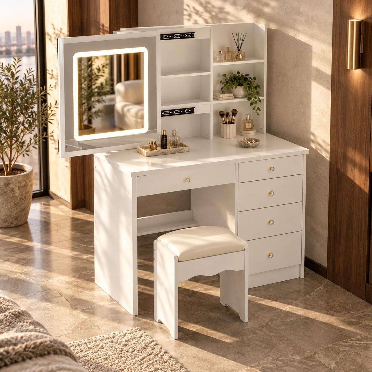 Makeup Vanity Desk with Sliding LED Mirror and Stool, 36" Vanity Table with 3-Color Dimmable Lights