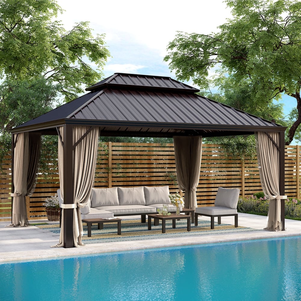 MAISON ARTS 14x20' Hardtop Aluminum Galvanized Steel Double Roof Gazebo with Netting & Curtains