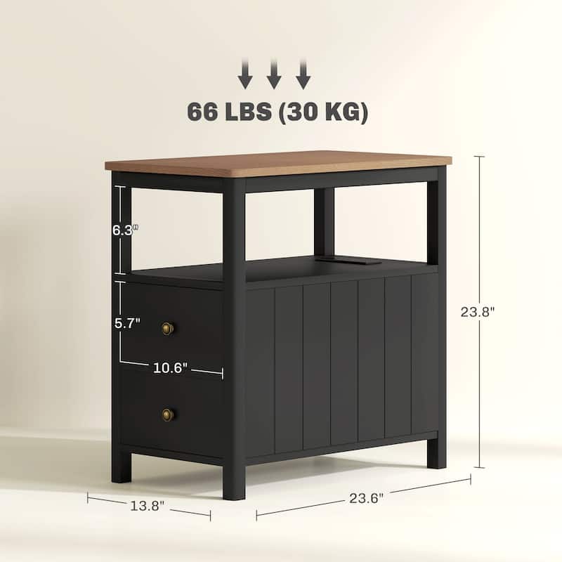 Modern Narrow Design End Table with Power Outlets and Two Drawers Display Shelf - 14.2"L x 23.6"W x 23.8"H