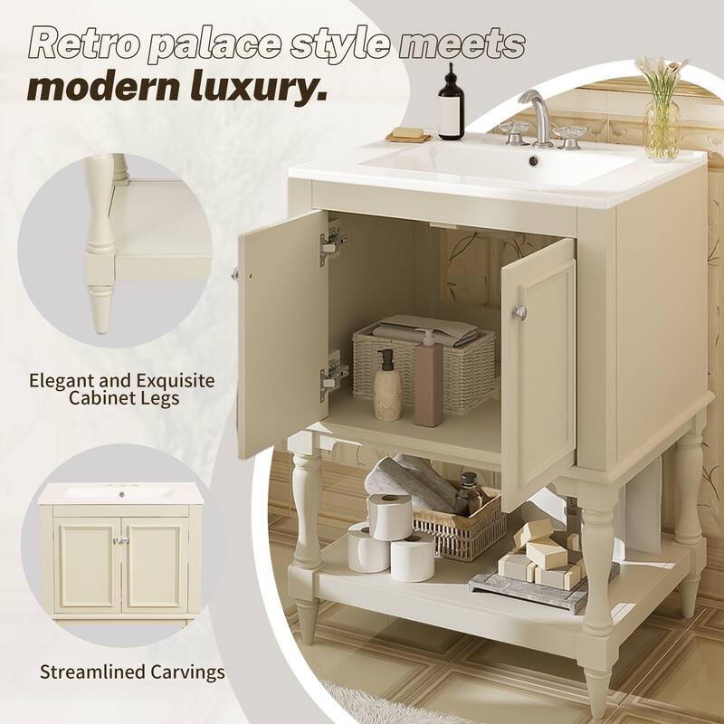 24 inch Modern Luxury Bathroom Vanity with Ceramic Sink, Bathroom Cabinet with Open Shelf and Closed Storage