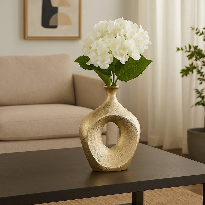 Modern Ceramic Textured Oval Cut-Out Vase - Home Decor - 13" - 9" x 3.25" x 13" - Gold/ Metallic