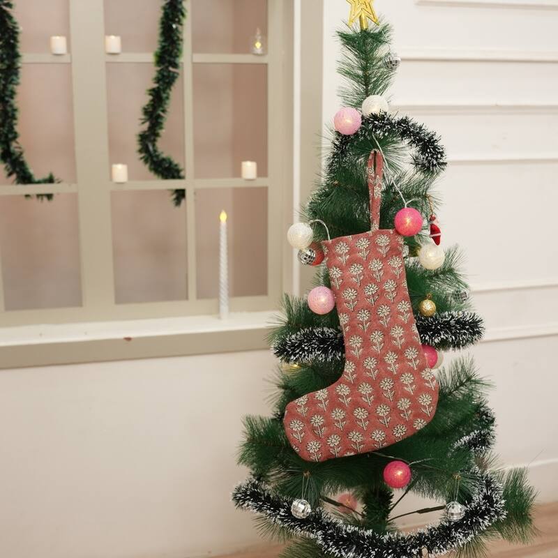 Fabdivine Handmade Linen Floral Block Print Christmas Stocking Home Décor Perfect for Gift - 10"X4.5"