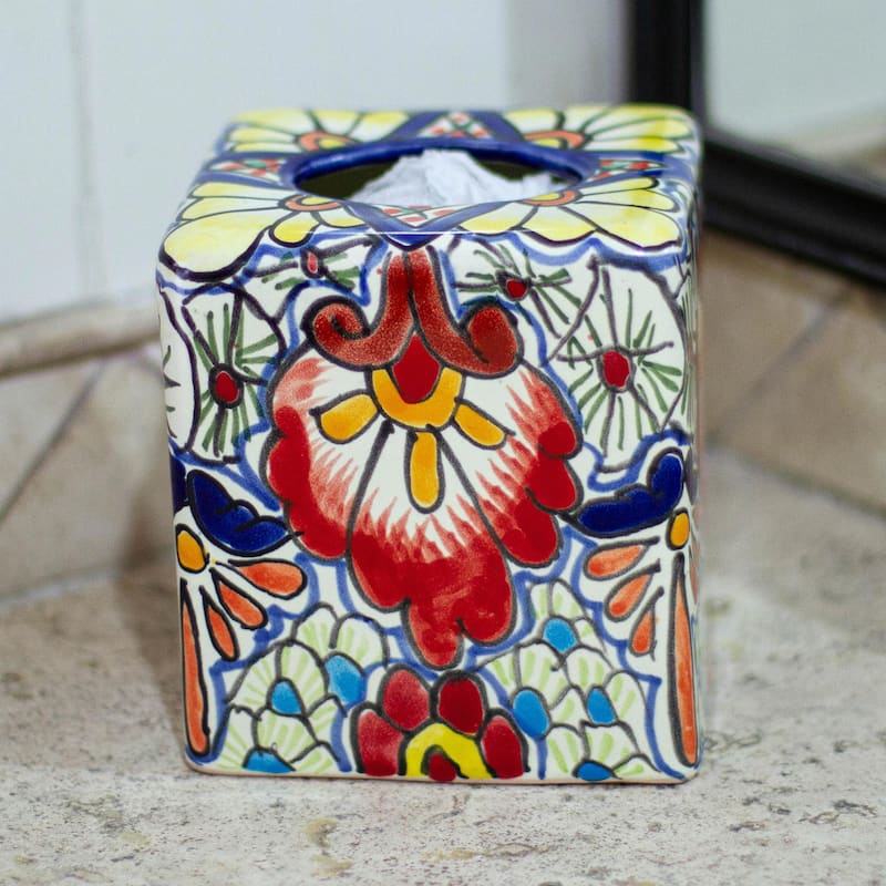 Novica Handmade Talavera Flowers Ceramic Tissue Box Cover