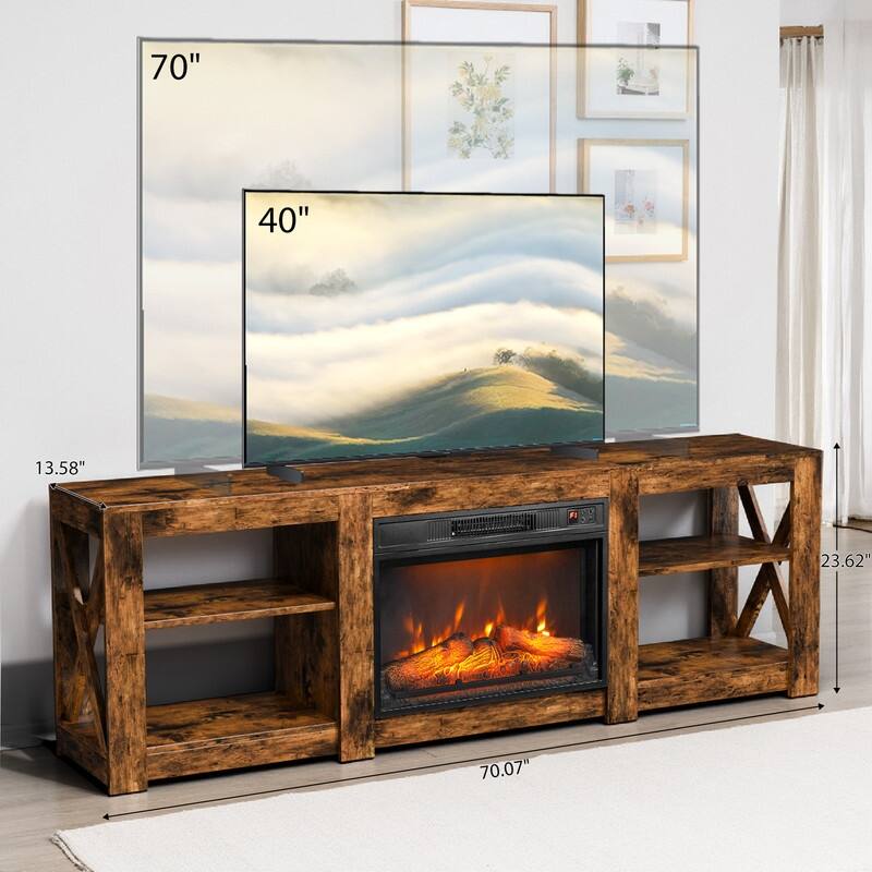 Farmhouse 70'' TV Stand For Tvs Up To 70'' With 23'' Electric Fireplace and Adjustable Shelves