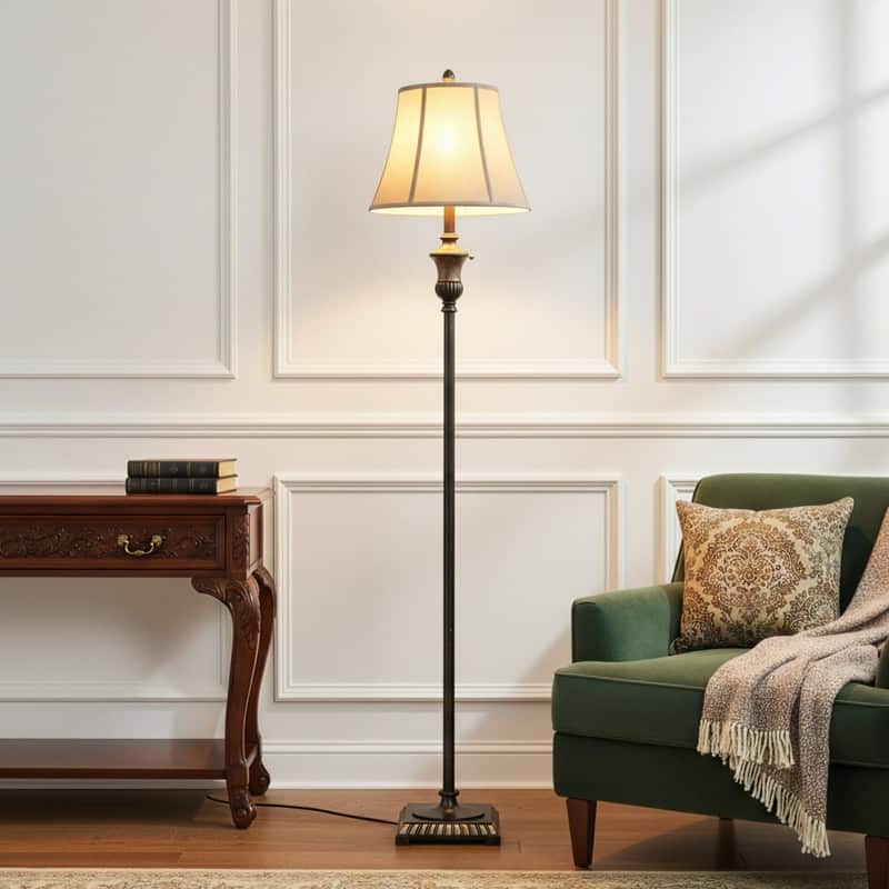 Brightech Sophia 63 in. Distressed Bronze Traditional LED Super Bright Floor Lamp with Beige Fabric Empire Shade