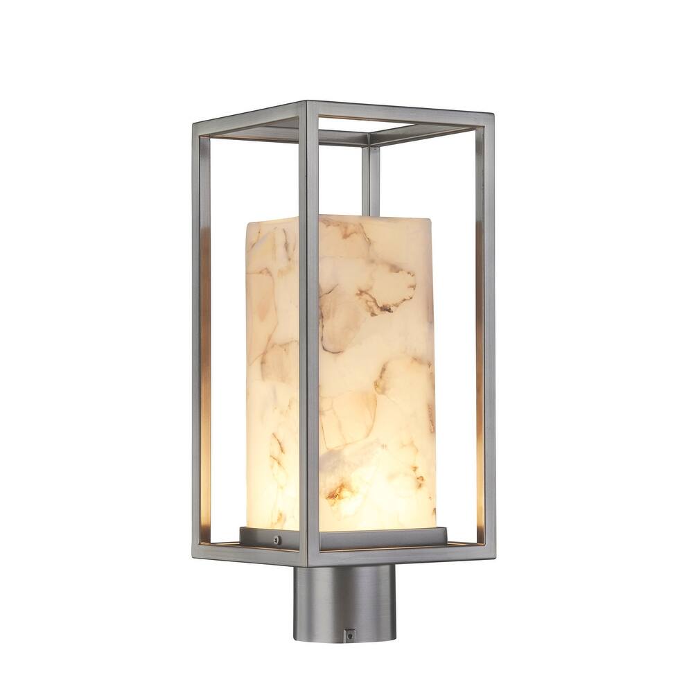 Justice Design Alabaster Rocks!? Laguna 7-inch Brushed Nickel Outdoor LED Post Light, Shaved Alabaster Rocks Shade