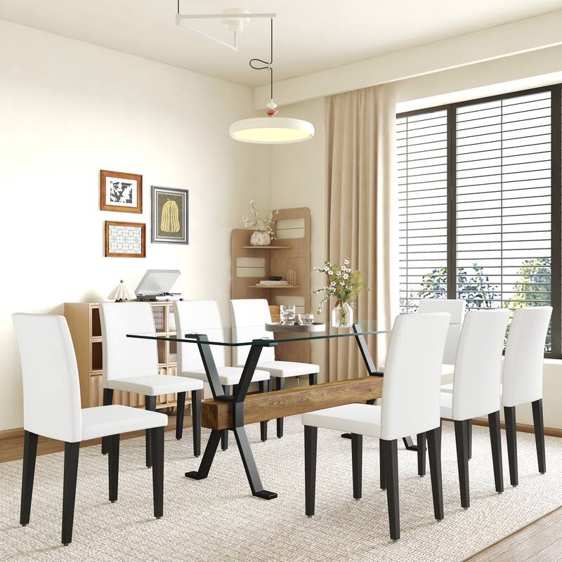 9 Piece Rectangular Glass Dining Table Set, Tempered Glass Dinner Table Set for 8, Kitchen Table Set with 8 Upholstered Chairs