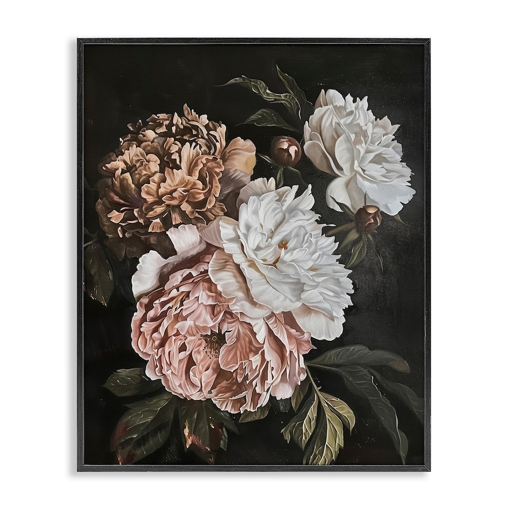Stupell Moody Peonies on Black Framed Giclee Art Design By Arlington Prints