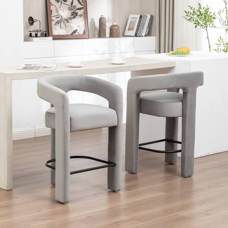 SEYNAR Modern Velvet 34.6''H Fixed Height Open-Back Bar Stool with Metal Footrest Set of 2