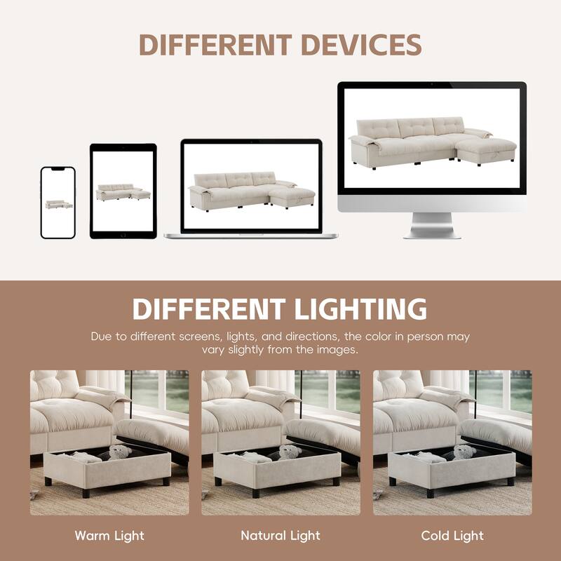 Chenille Tufted L-Shape Sectional Sofa with Storage Ottoman, Pockets and All-in-one Armrest with Dual-Port Charging, Cup Holder