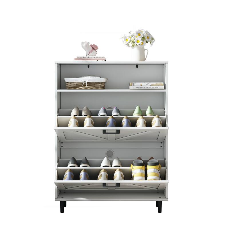 Farmhouse Shoe Storage Cabinet with Barn Door Design, Shoe Organizer with 2 Flip Drawers