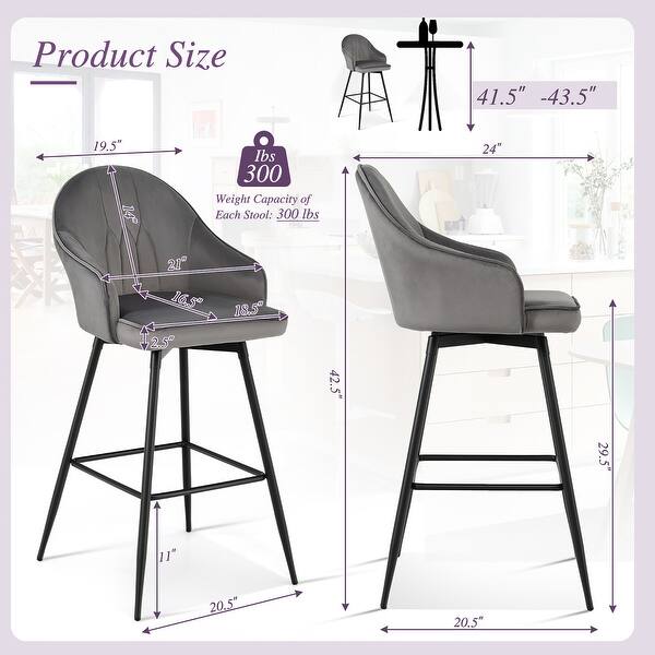 Set of 2 Bar Stools Swivel Velvet Upholstery Bar Chairs w Steel Legs ...