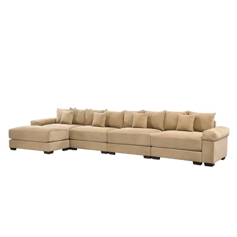 GDFStudio - Corduroy L-Shaped 4-Seater 167.6" Cloud Modular Sectional Couch with Ottoman