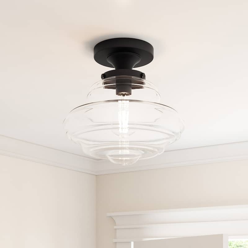 Modern Black Dimmable 1-Light Semi-Flush Mount Ceiling Light with Glass Shade